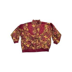 1990s Lauren Brooke Burgundy Gold Luxury Patterned Zip Up Nylon Windbreaker 1X
